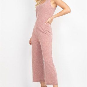 GINGER G Womens Cotton Blend Wide Cropped Leg V-Neck Jumpsuit Pink Small